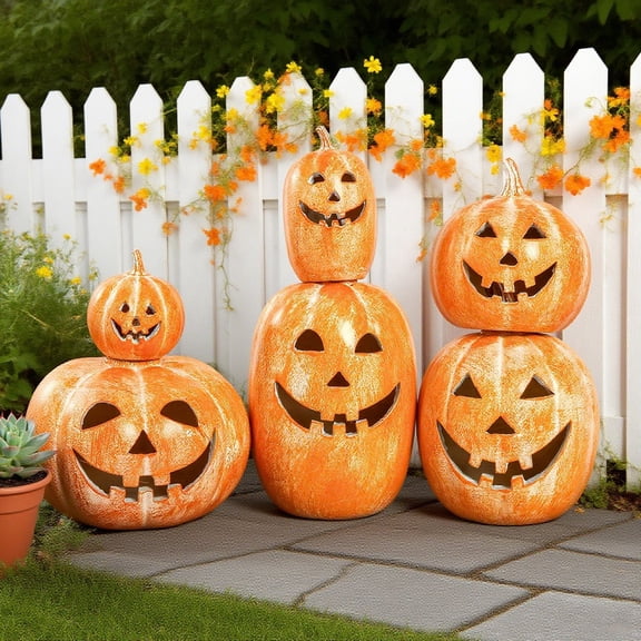 Light Up Pumpkin Resin Jack O' Lantern with Flameless Candle, Fall Decor, Halloween Decorations, Outdoor Indoor Autumn Decoration for Table Centerpieces Porch Room Front Door Mantel