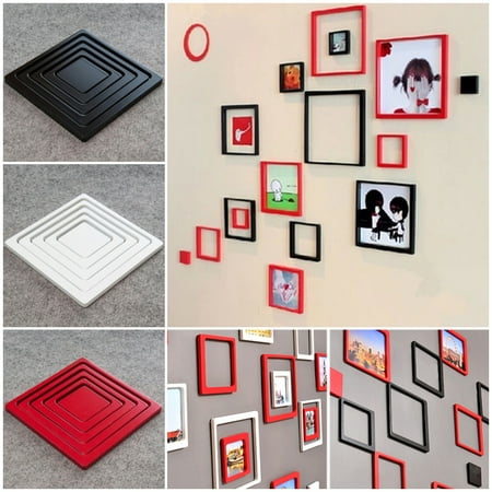 Photo Quality Self Adhesive - 5Pcs DIY 3D Photo Frame, Justdolife Self Adhesive Wooden Wall Sticker Picture Frame Sets for Home Decor Red (6.50*6.50in)