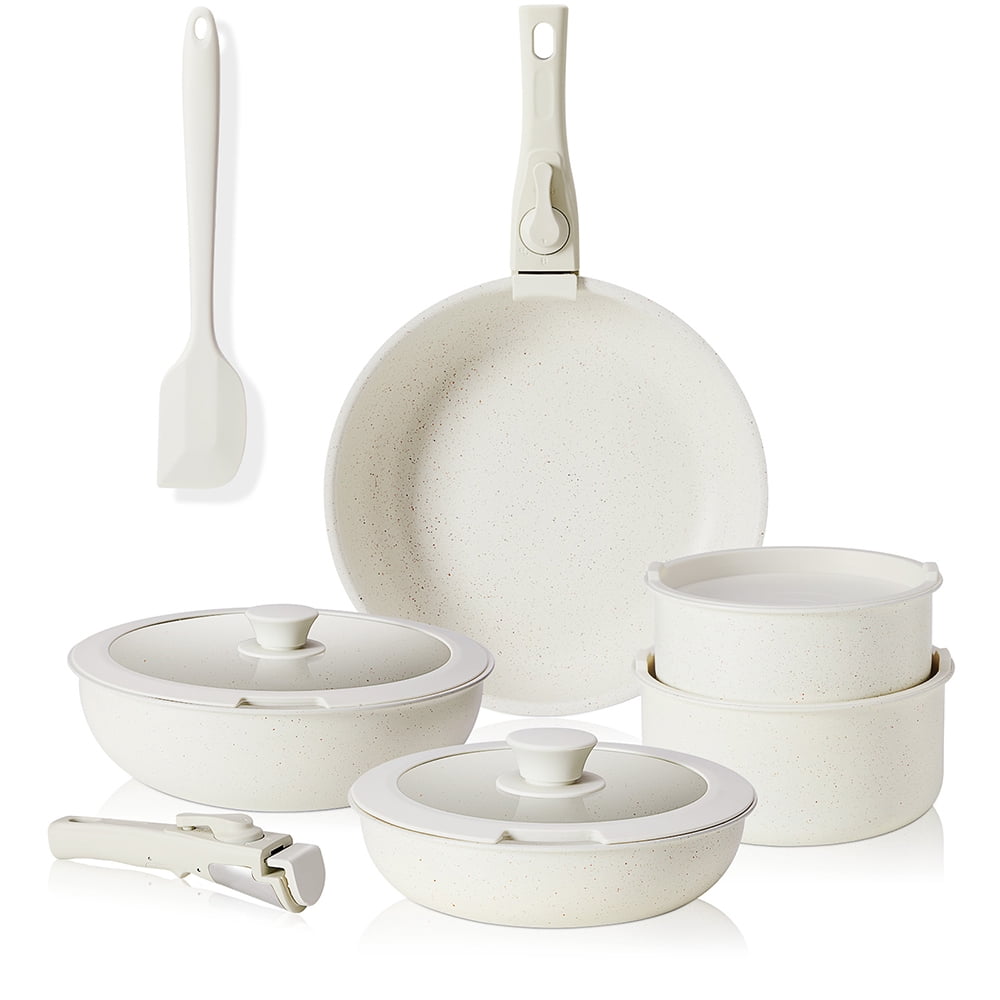 GIANNA 12 Pcs Stackable Pots and Pans Set Nonstick - Kitchen Cookware Set with Detachable Handle, Induction Cookware, Beige