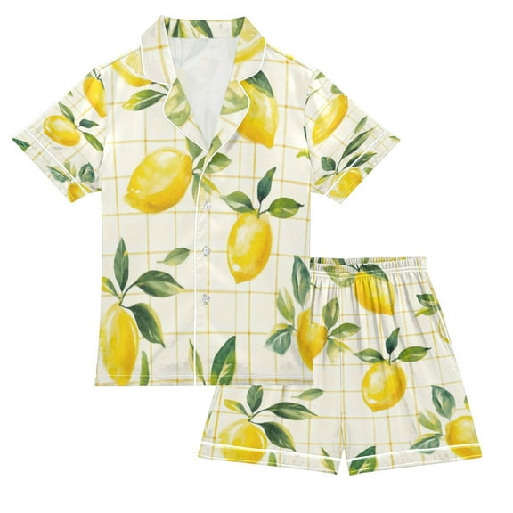 Silky Satin Kids' Pajama Set Breathable & Smooth Unisex Button-Down Pajamas Lemons and Leaves