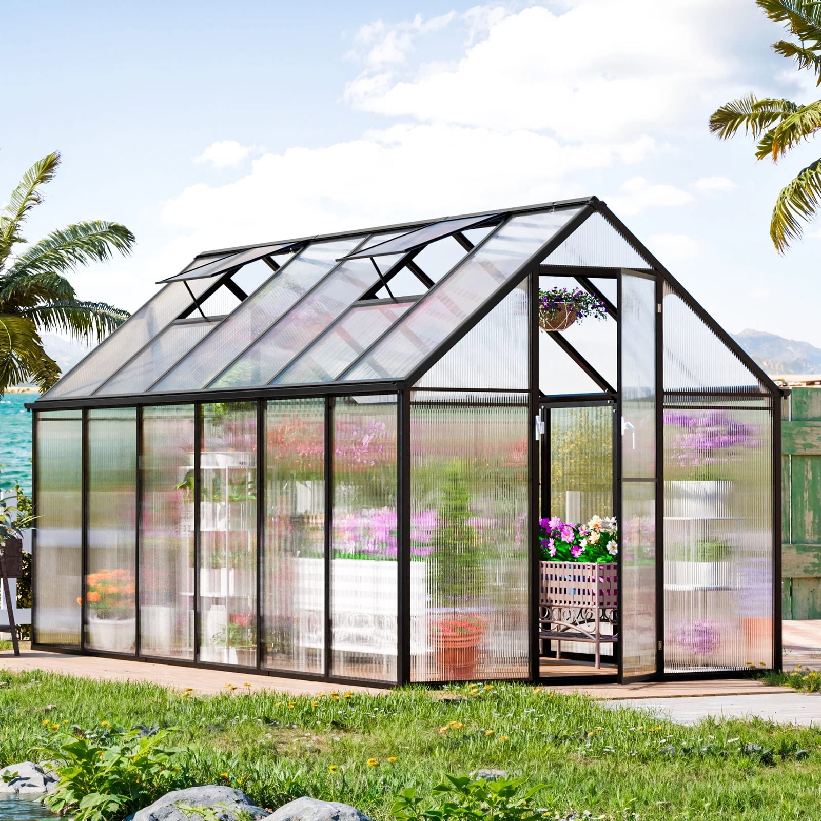 JULY'S SONG 12'x6' Outdoor Greenhouse Kit, Polycarbonate Green House for Outside w/Vent Window, Aluminum Heavy Duty Green Houses with Reinforce Connector, Lockable Walk In Greenhouses for Patio