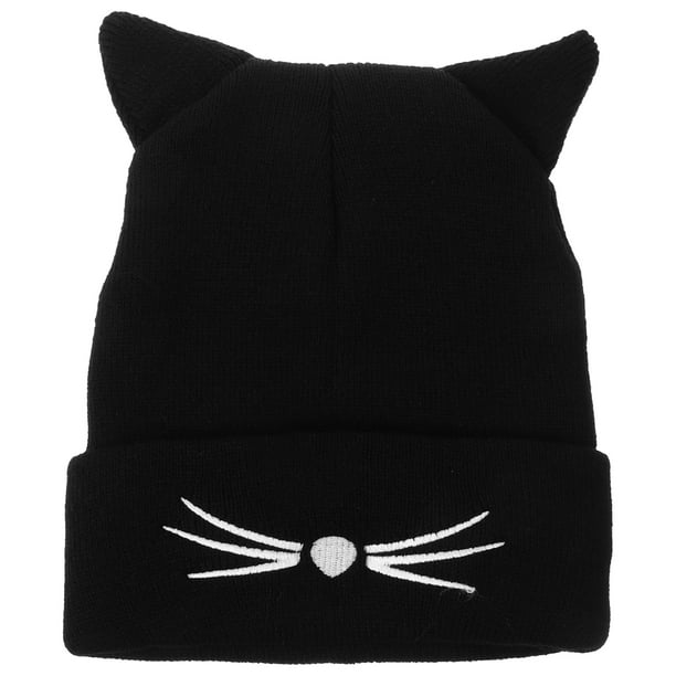 Gorro de invierno para mujer, con orejas de gato, tejido a crochet, trenzado y doble pompón (negro)