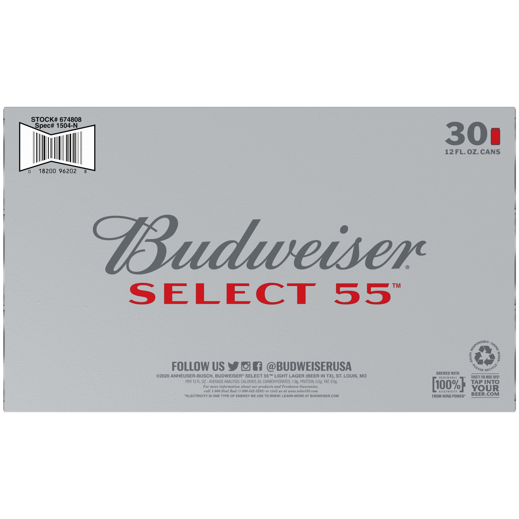 Budweiser Select 55 American Lager Beer 30 pack 12 fl oz Aluminum Cans 2.4% ABV