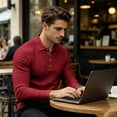 thumbnail image 7 of Domuza Men's Slim Fit Long Sleeve Polo, Soft Knit Sweater Shirt, Versatile Casual Top for Golf Work Travel Red M, 7 of 7