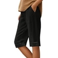 thumbnail image 2 of Womens Bermuda Shorts Cotton Linen Elastic Waistband Pockets Breathable Knee Length Bermuda Long Shorts for Women, 2 of 5