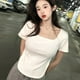 thumbnail image 2 of Camiseta de manga corta Blusa básica sin costuras con cuello cuadrado informal ajustada para verano, 2 of 5