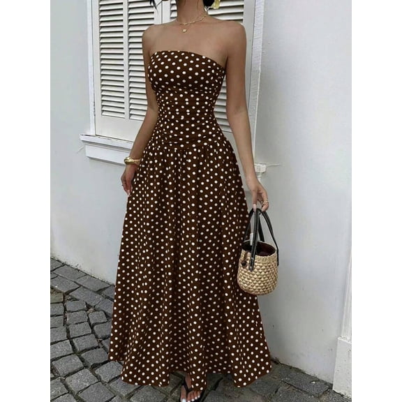 Women's Polka Dot Print Waist Cinched Bandeau Maxi Dress - Brown Vacation Sundress