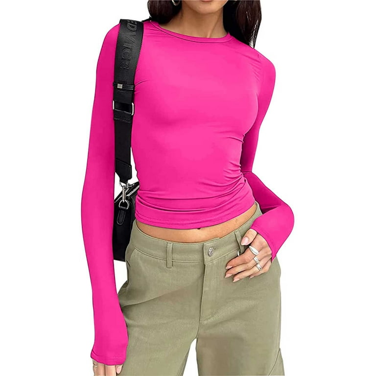 YYDGH Women's Slim Fit Going Out Crop Tops Casual Solid Color Crew Neck  Long Sleeve Tight Tee Shirt Basic Streetwear Pink XS