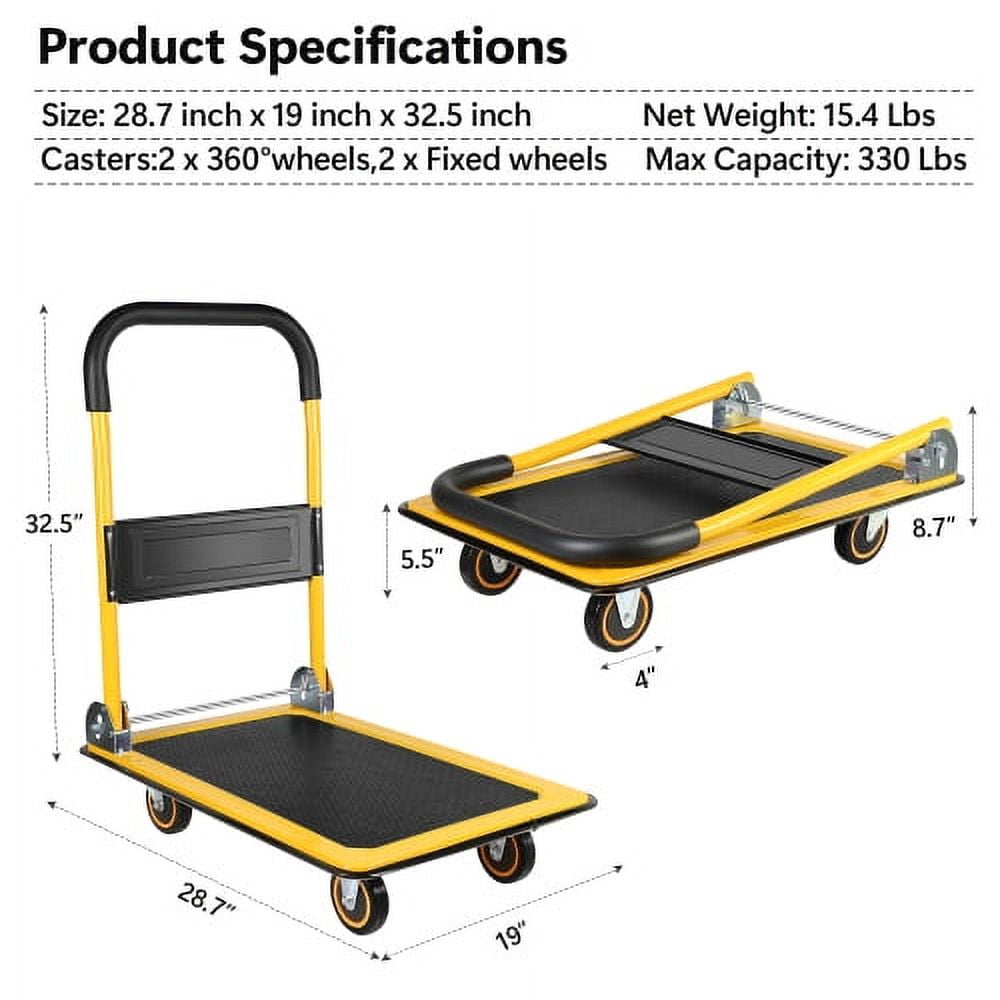 POWANLI Foldable Platform Truck, Push Dolly 330 LBS Weight Capacity, 360 Rolling, Folding Hand Truck for Luggage, Travel, Office, House (Yellow and Black) (28.7" x 19" x 32.5")