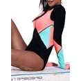 thumbnail image 2 of Womens Color Block Print One Piece Swimsuit Zip Front Long Sleeve Rash Guard Surfing Swimsuit Swimwear, 2 of 4