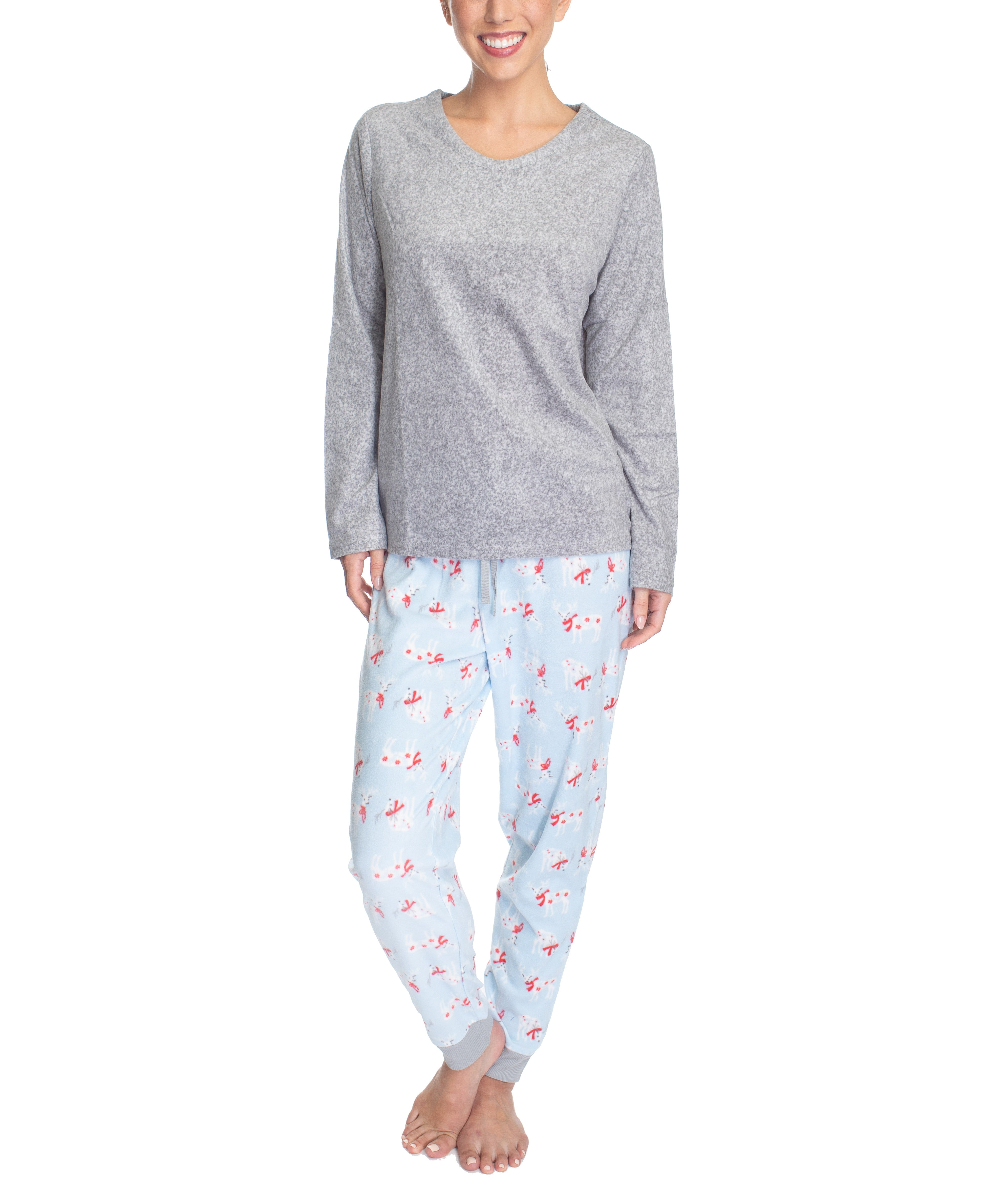 Hanes Women's Cozy Up 2 Piece Set Top and Jogger Pajamas, Grey/Reindeer