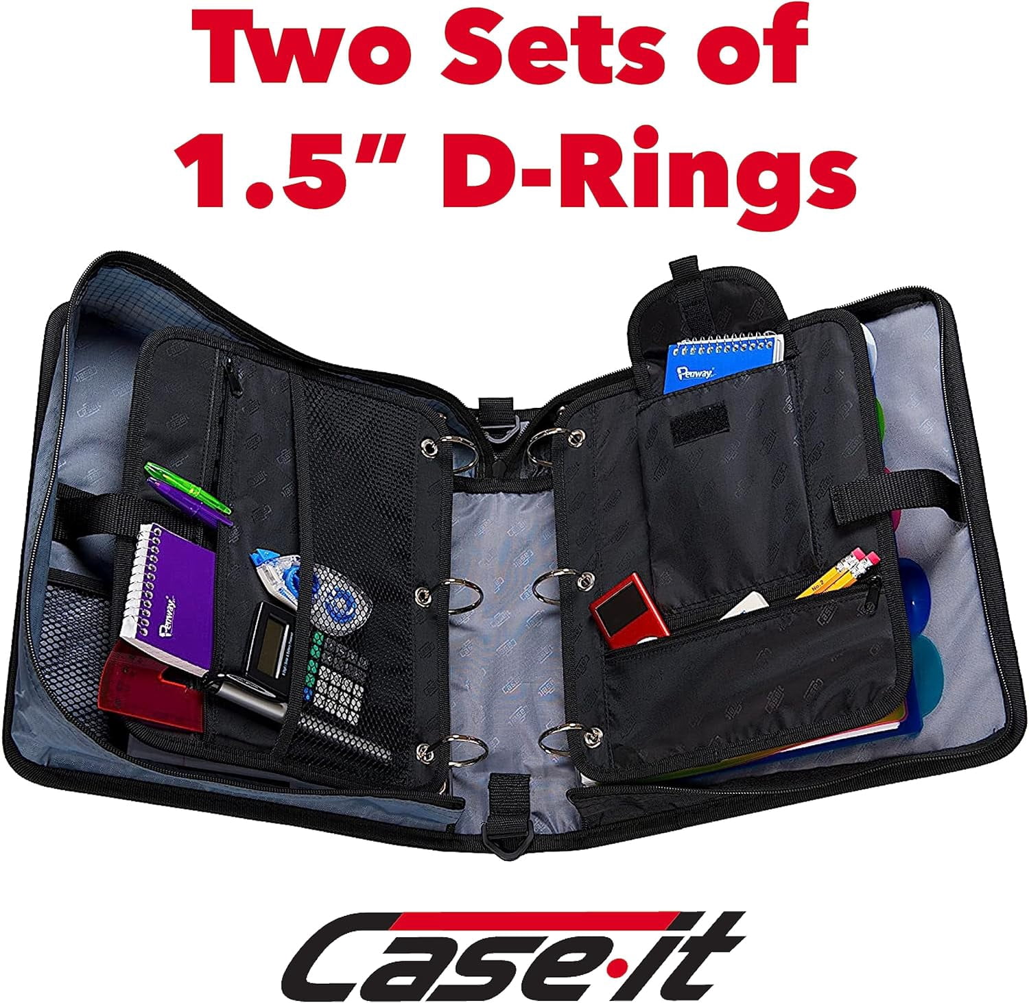 Case-it The Dual 2-in-1 Zipper Binder - Two 1.5 Inch D-Rings - Includes Pencil Pouch - Multiple Pockets - 600 Sheet Capacity - Comes with Shoulder Strap -Dual-101, Fire Engine Red