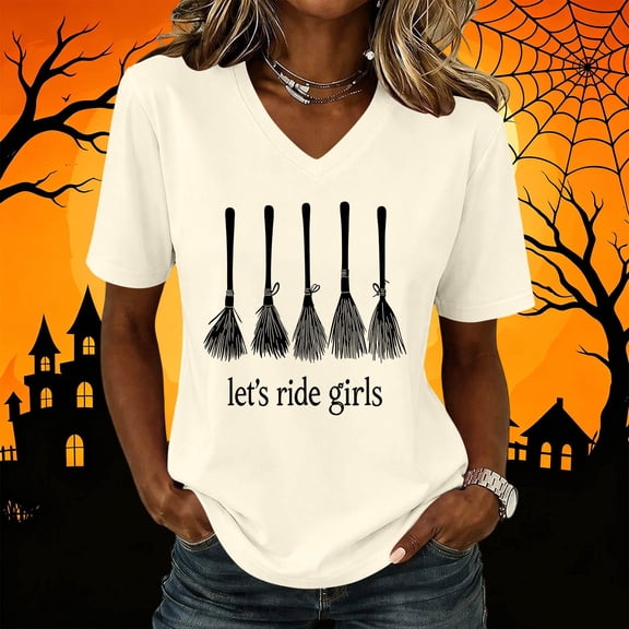 Jsaierl Womens Halloween Shirts Funny Witchs Broom Print Tees Fall Work V Neck T-Shirts Short Sleeve Dressy Casual Blouse Tops Halloween Party Supplies,Sizes S-2XL