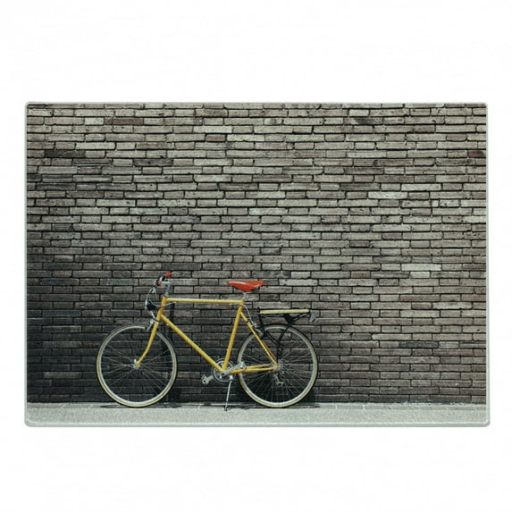 Bicycle Cutting Board, Past Times Aesthetic Road Bike Lean Brick Wall Outdoor Daily Town Life Photo, Decorative Tempered Glass Cutting and Serving Board, Small Size, Grey Yellow Red, by Ambesonne