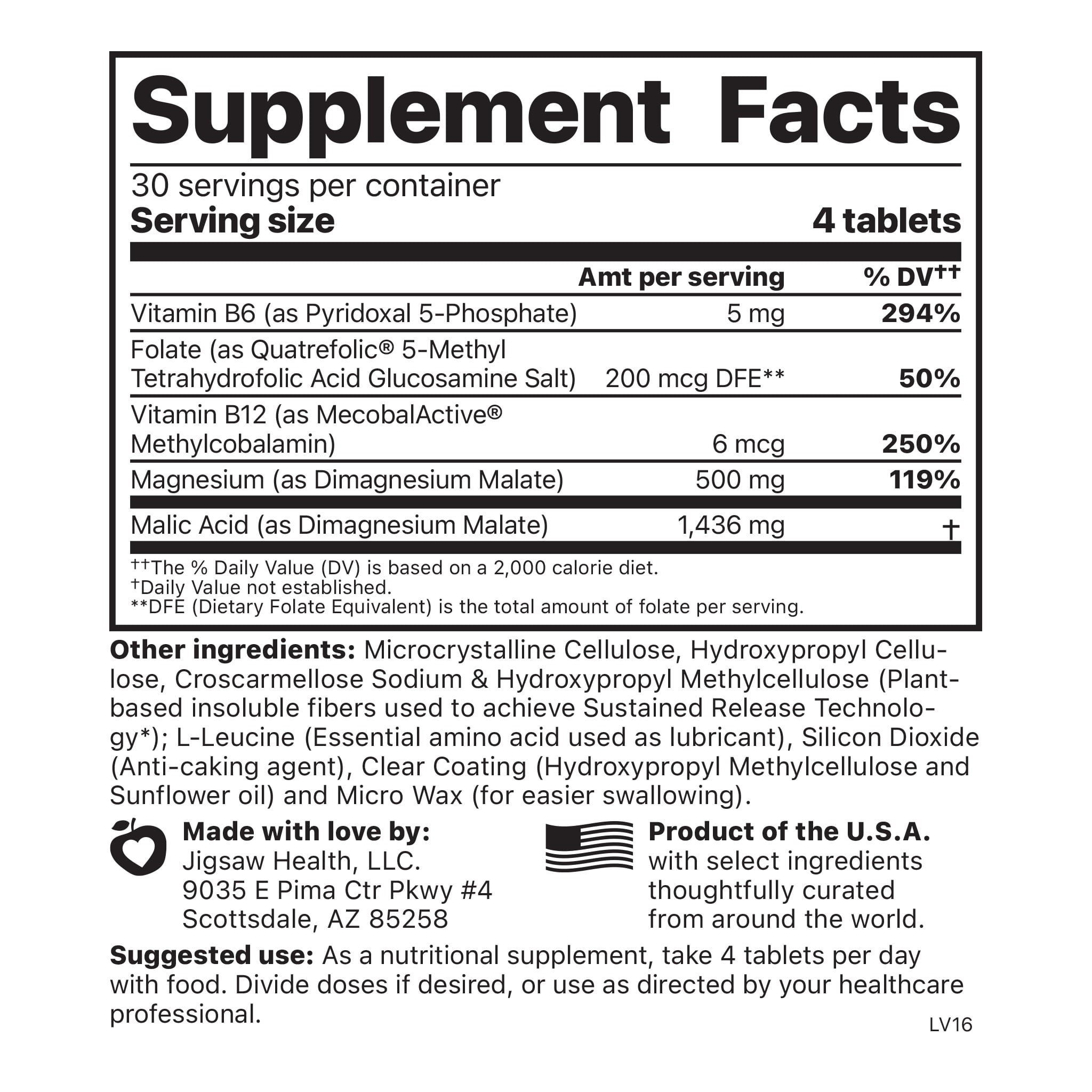 MagSRT Magnesium Malate Supplement (Jigsaw Magnesium w/SRT) - Premium, Organic, Slow Release Magnesium Tablets - Easy to Swallow - 120 ct
