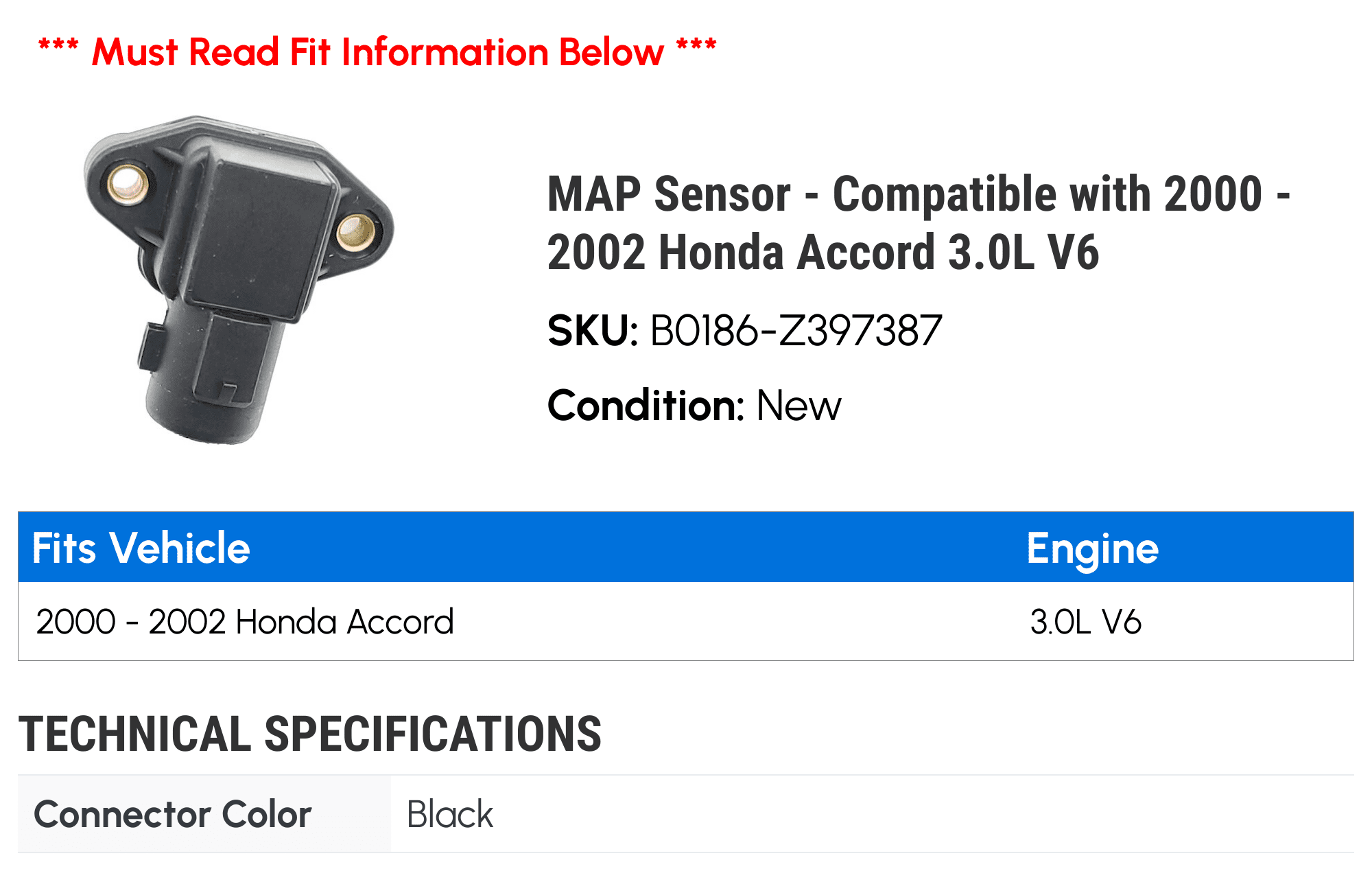 MAP Sensor - Compatible with 2000 - 2002 Honda Accord 3.0L V6 2001
