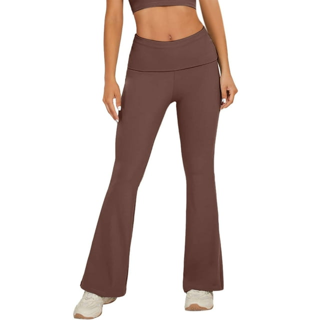 Pantalones de yoga anchos para mujer: leggings acampanados, diseño de cintura alta con vuelta, tejido de nailon y spandex, para ocasiones informales y cotidianas