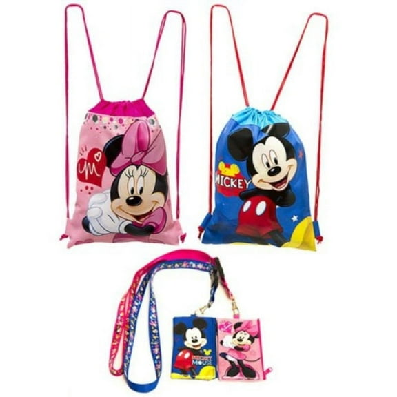 (4ct) Mickey & Minnie Mouse Drawstring Backpack and Id Holder Lanyards