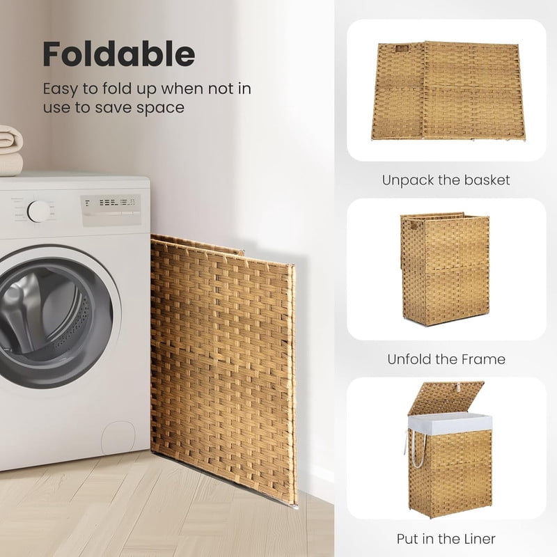 Simenmax 90L Foldable Laundry Hamper with Lid, Woven Laundry Basket with Removable Washable Liner, Rattan Clothes Hamper Sturdy Steel Frame Rattan Basket, Yellow