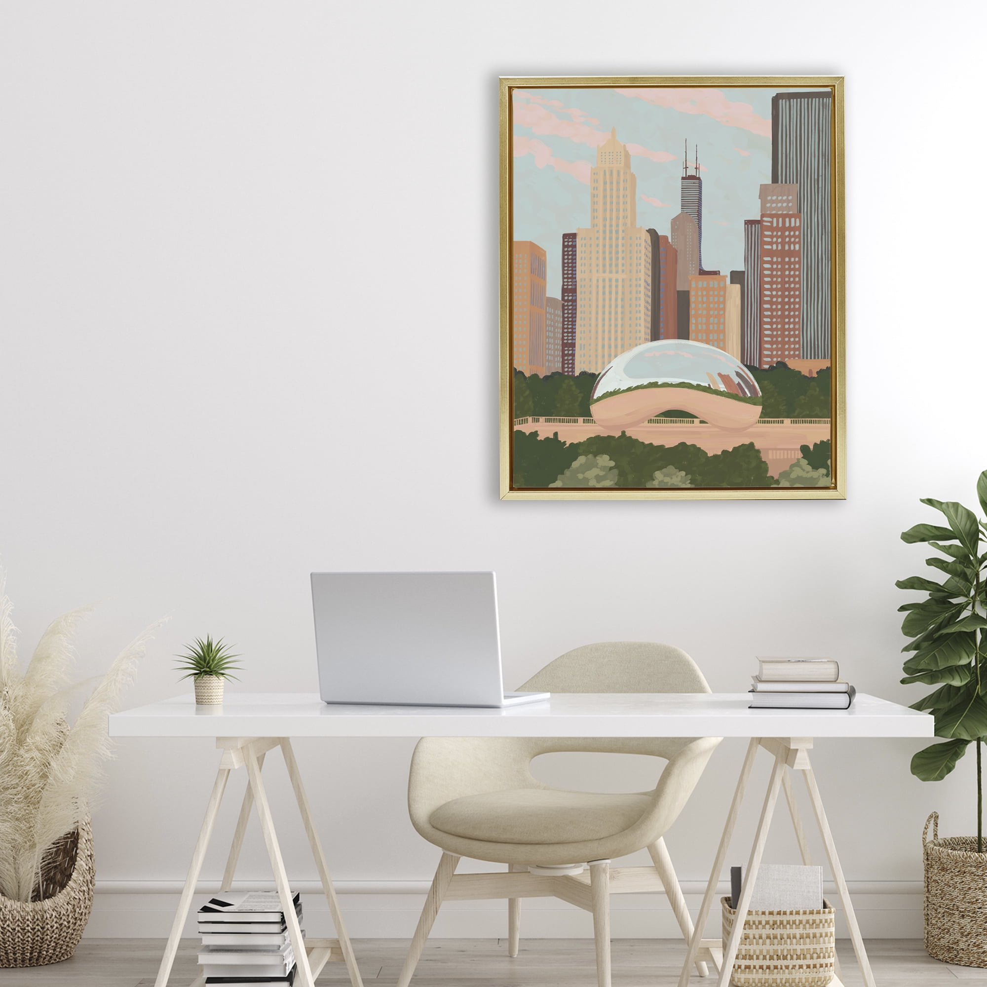 Stupell Industries Chicago Bean Cityscape Gold Framed Floater Canvas Wall Art, design by Veronica Lara