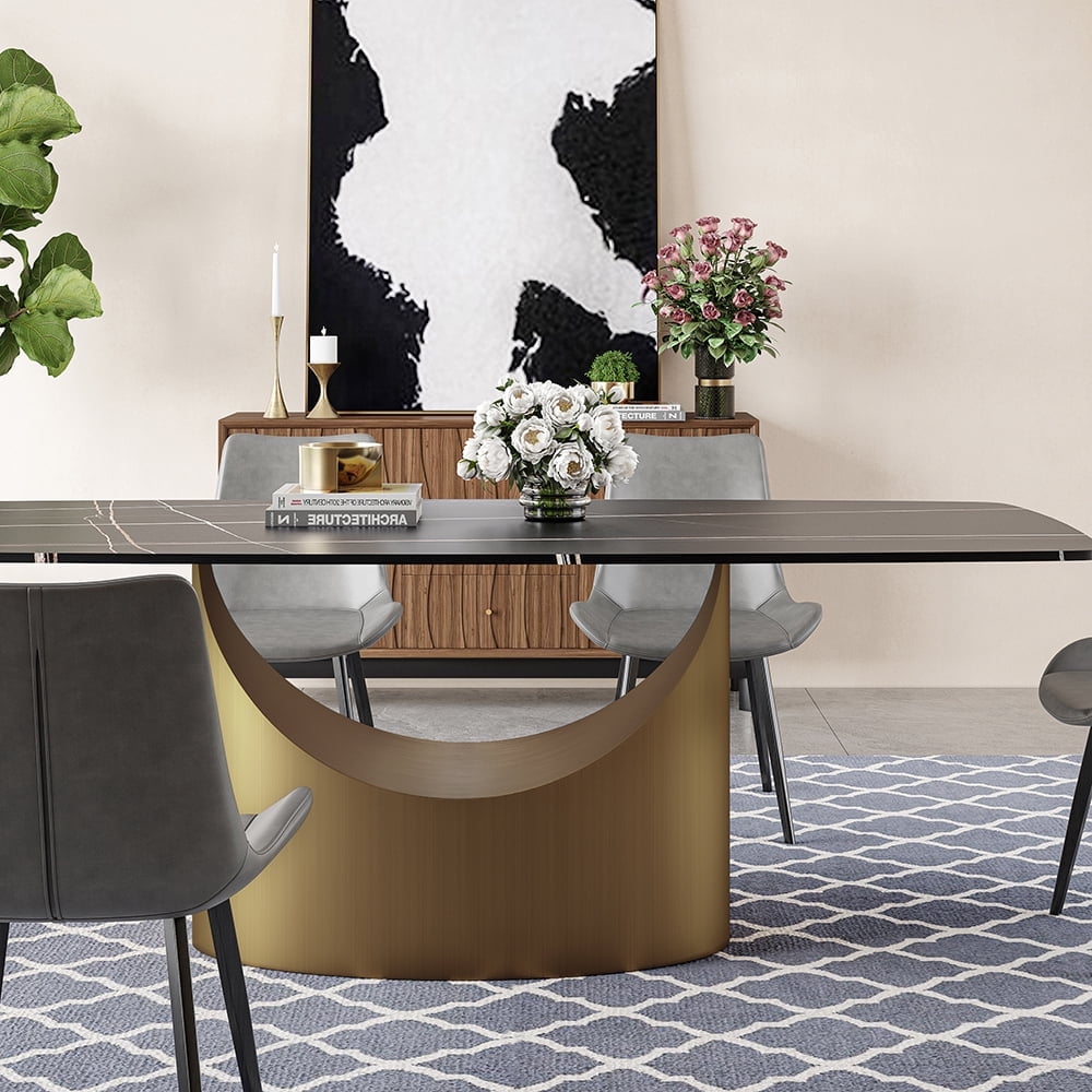 POVISON 71"Hobart Modern Minimalist Dining Table For 4-6, Black Rectangular Matte Sintered Stone Tabletop, Bronze Carbon Steel Leg
