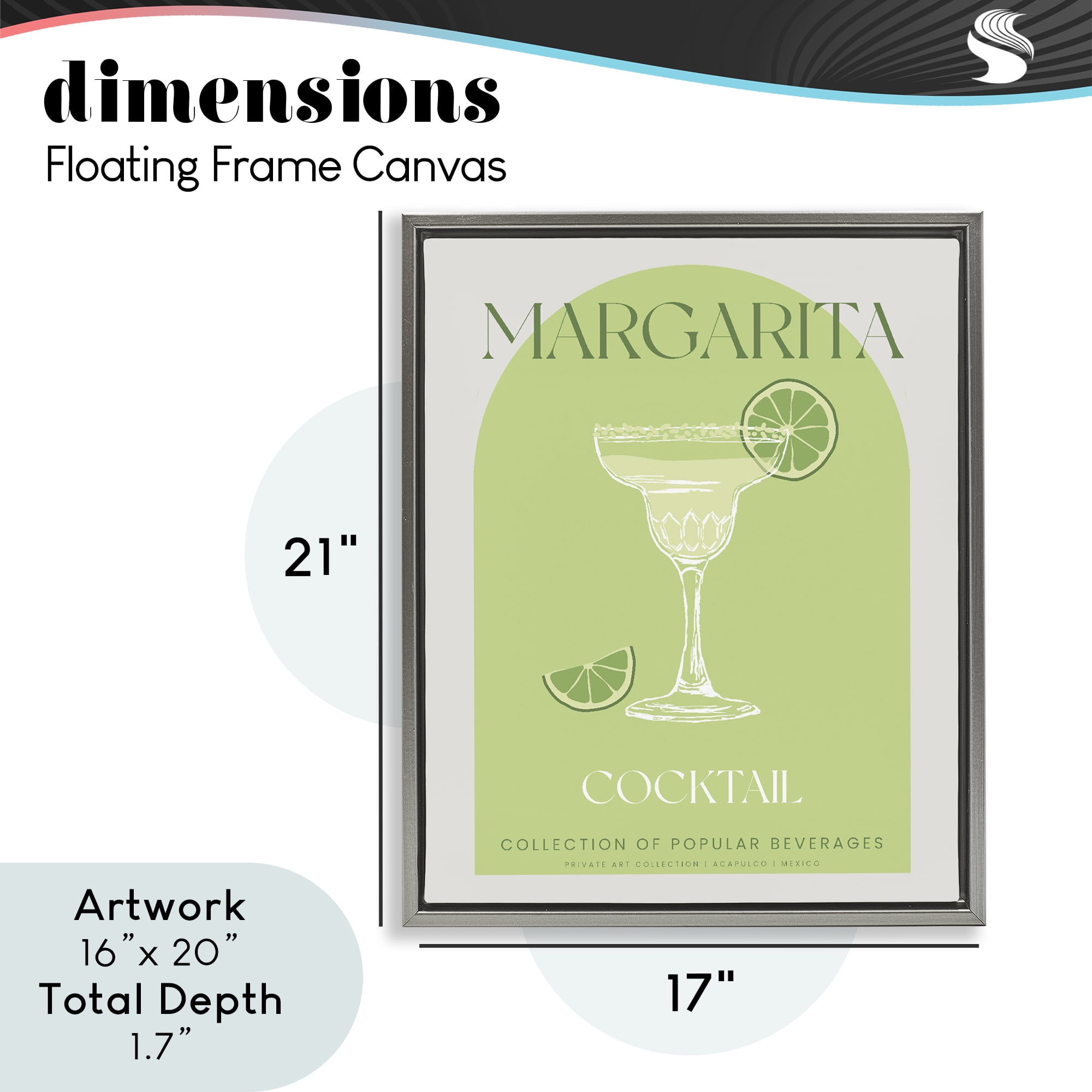 Stylish Retro Margarita Gray Framed Floater Canvas Wall Art, design by Lil' Rue