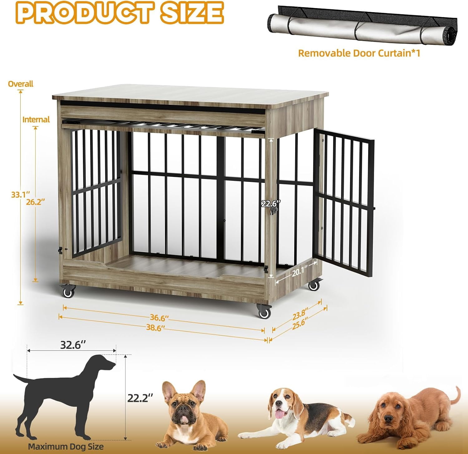 38" Wooden Dog Crate Furniture with Double Door, Lockable Wheels & Blackout Curtain – Decorative End Table Kennel for Large & Medium Breed Dogs, Greige