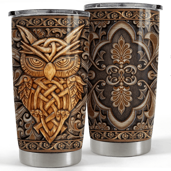 SANDJEST Owl Tumbler 20oz Owls Wood Drawing Stainless Steel Insulated Tumblers Coffee Travel Mug Cup Gifts for Women Men Owl Gift for Birthday Christmas