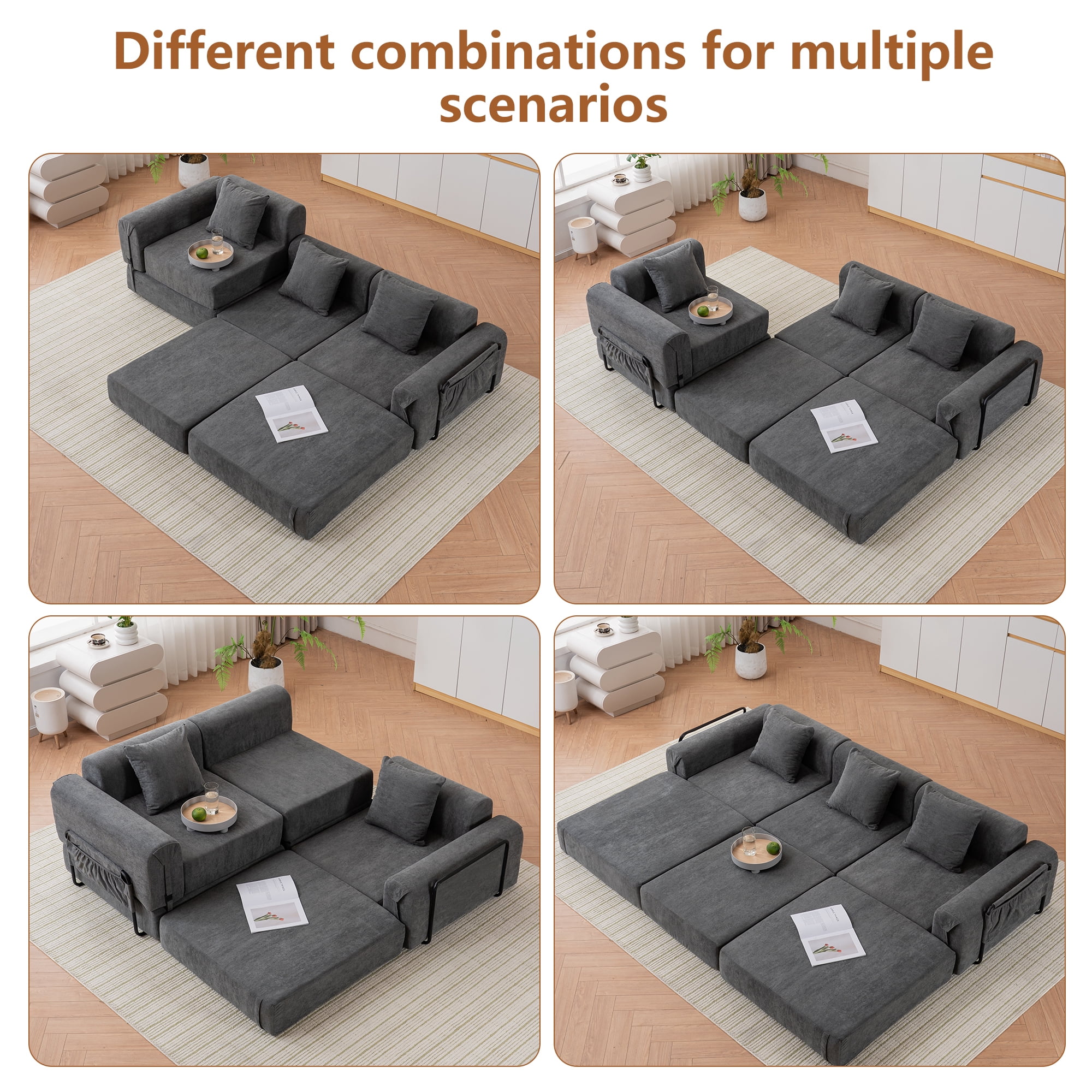 GNIXUU 98.81" Modern Modular Recliner Sofa, Convertible Sleeper Bed,Folding Mattress 3 Seater Couch with Fixed-Shape Frame ,Comfy Lazy Boneless Couches for Living Room Bedroom Lounge,Gray