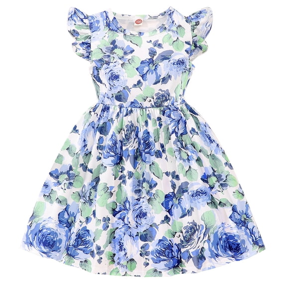 Gaexia Girls Dresses ,Girls' Spring/Summer Round Neck Flared Sleeve Cartoon Pattern Casual Dress (Blue,2-3 Years)