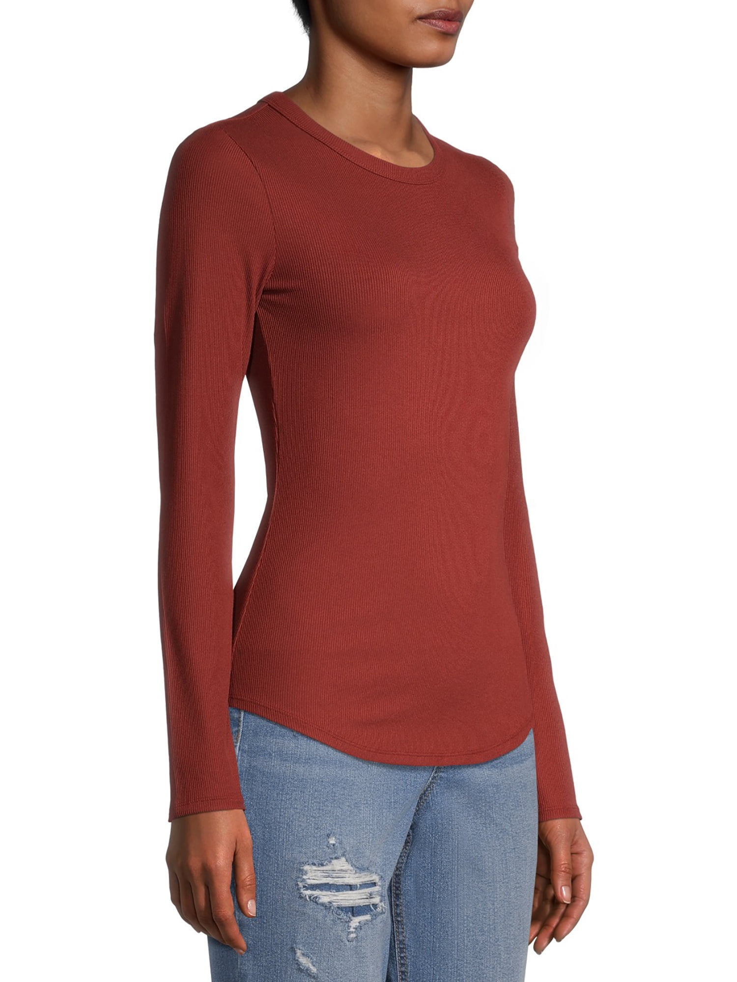 No Boundaries Ribbed Crewneck Tee with Long Sleeves, Women's