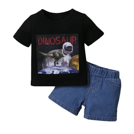 

18 Months Baby Boys Clothes 24 Months Boys 2pcs Summer Outfit Dinosaur Print Toddler Boys Short Sleeve Top Shorts Set Black