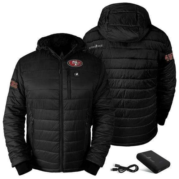 Men's ActionHeat Black San Francisco 49ers 5V Battery Heated Insulated Puffer Full-Zip Hoodie Jacket
