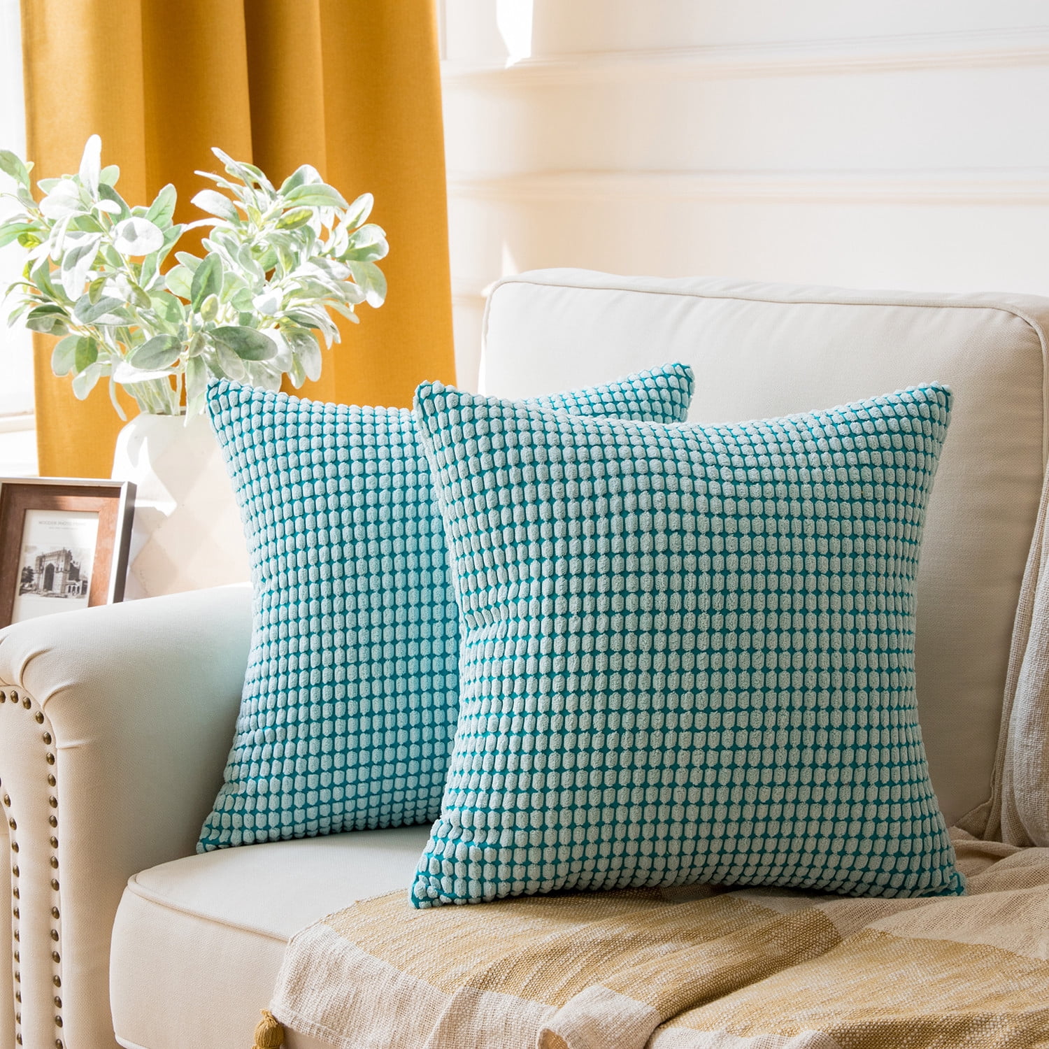 Phantoscope Soft Corduroy Corn Stripe Decorative Throw Pillows with Inserts, 20 x 20 in, Turquoise, 2 Pack