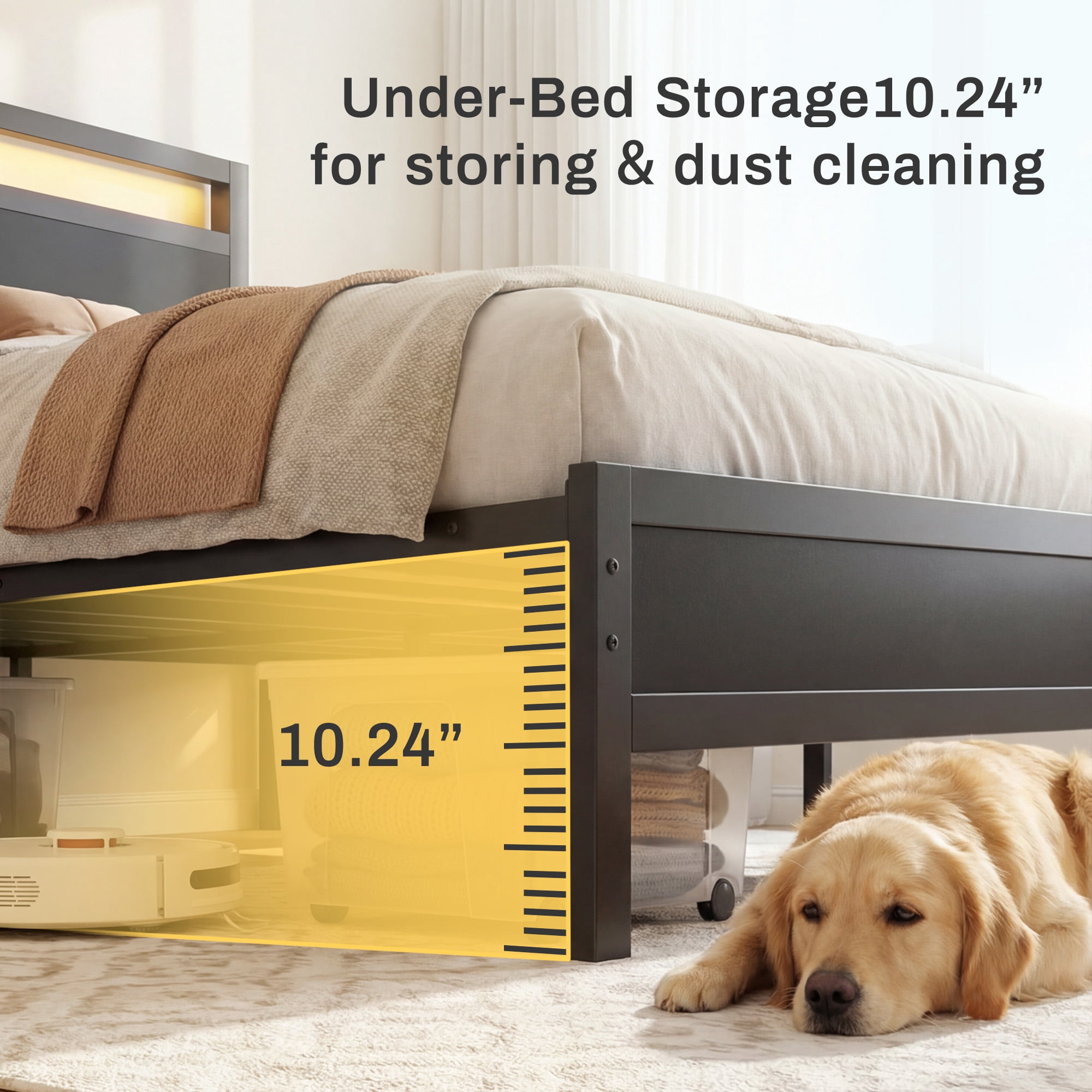 Bolvdo Queen Size Bed Frame with Headboard & Footboard, Built-in Charging Station & LED Light, Storage Shelf, Noise-Free, No Box Spring Needed, Easy Assembly, Classic Black