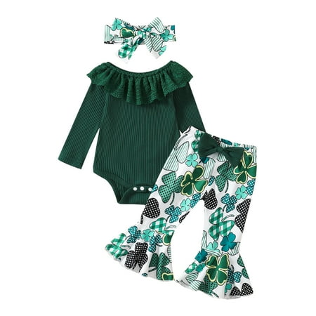 

Qtinghua 3Pcs Newborn Baby Girl St. Patrick s Day Clothes Long Sleeve Ribbed Romper Tops+Floral Flared Pants+Headband Set Green 3-6 Months