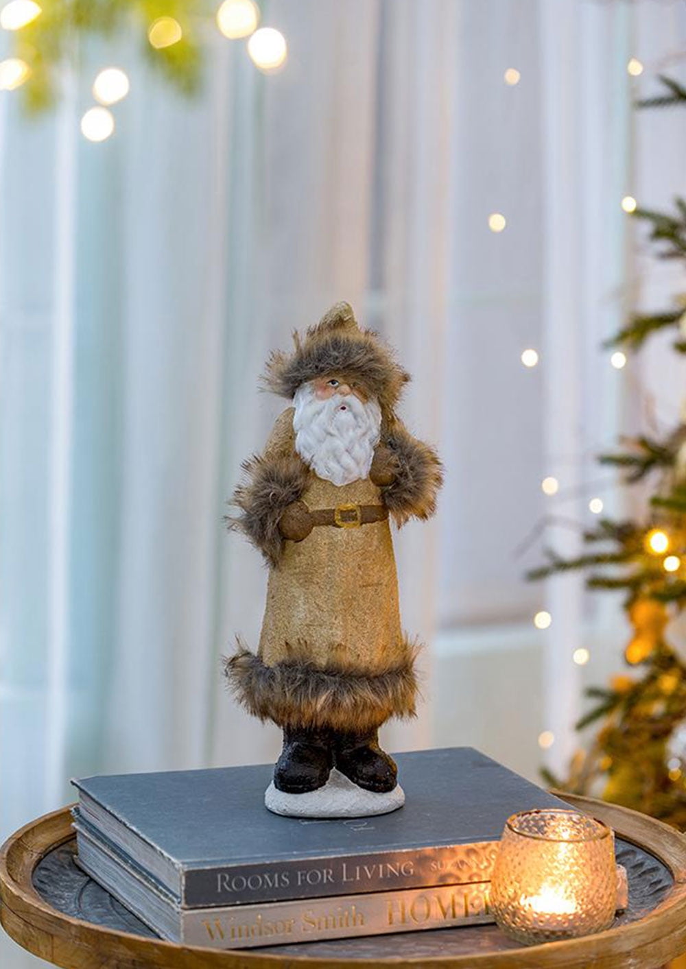 Rustic Terracotta Santa Figurine Christmas Decor Beige Long Coat Santa Statue with Fur Accents Frosted Rock Base Tabletop Mantel Holiday Centerpiece