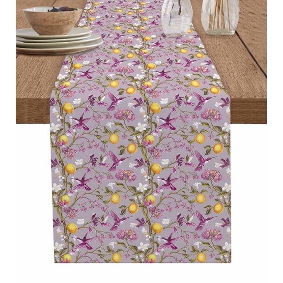 Lemon Tree Birds Table Runner 36 Inches, Yellow Botanical Pink Floral Bed Runner Dresser Scarves Tabletop for Indoor Outdoor Parties/Ceremony/Banquet, 13"x 36"
