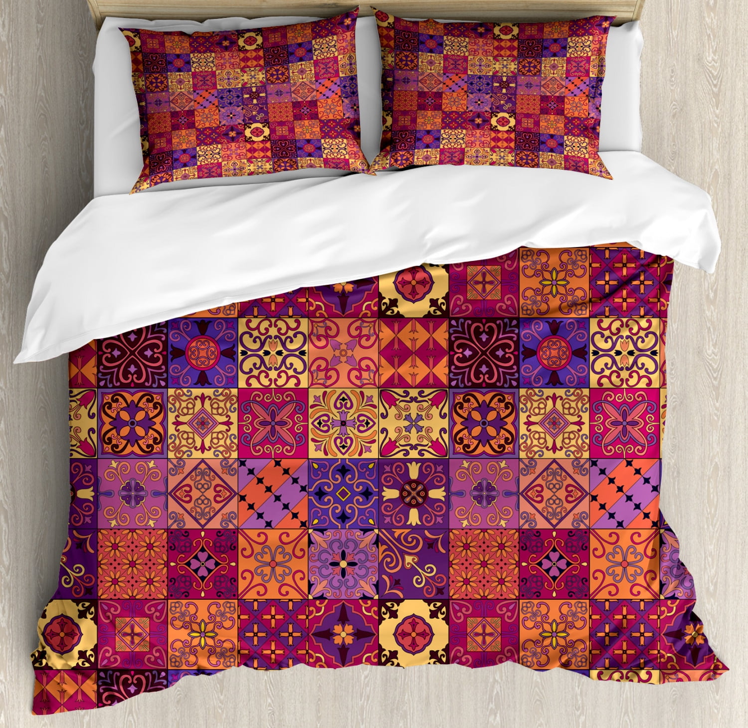 Spanish Duvet Cover Set Queen Size, Ethnic Azulejo Moroccan Tiles in Vibrant Historical Cultural