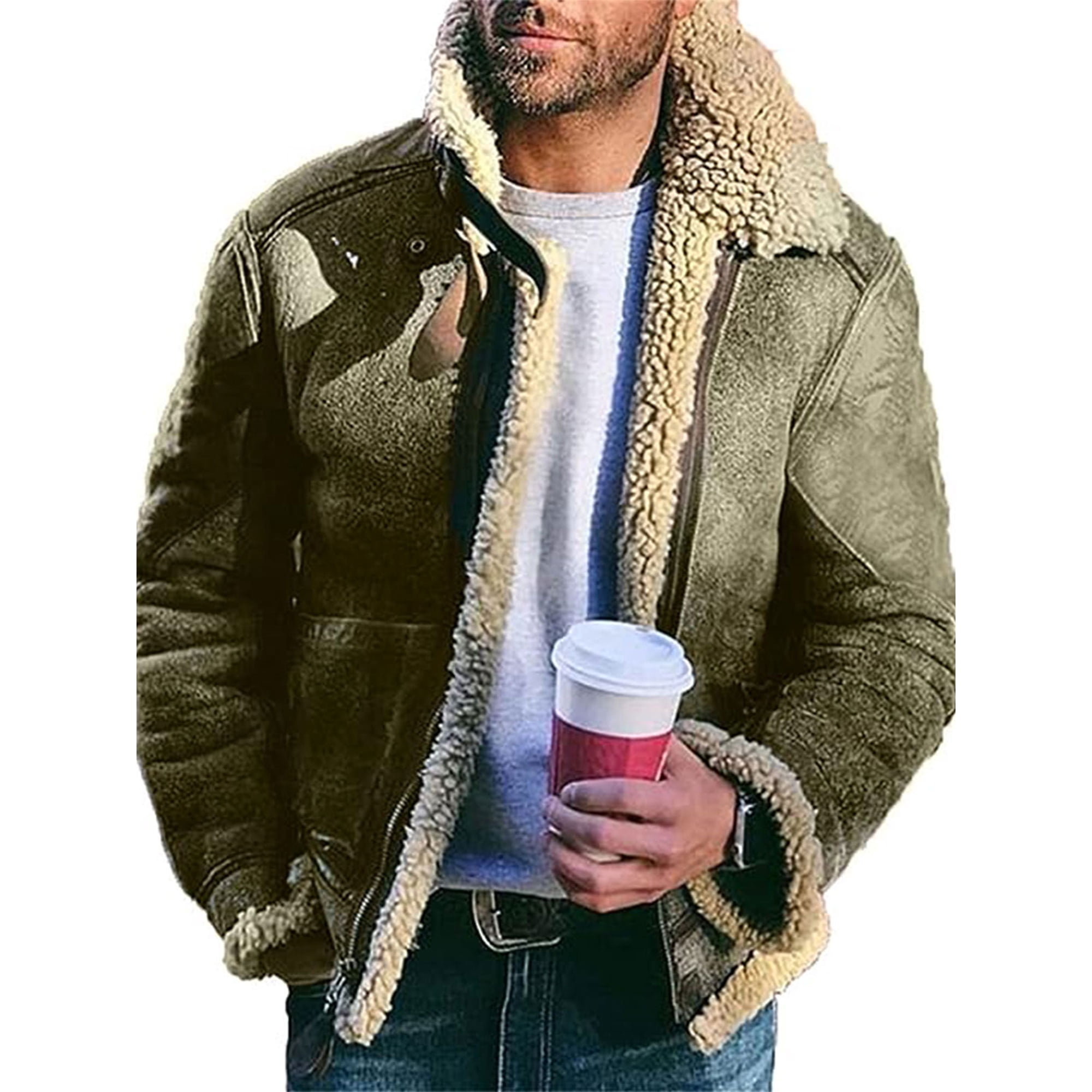 FAROOT Men s Sherpa Fleece Lined Jacket Winter Suede Leather Bomber Jacket