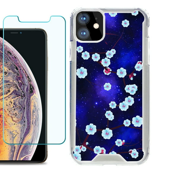 For Apple iPhone 11 Case, Hybrid Bumper Phone Case, with Tempered Glass Screen Protector, by OneToughShield ® - Blossom Stars
