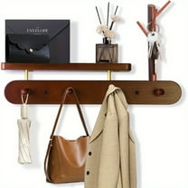 ​​3-in-1 Wall Coat Rack | 16" Walnut Shelf with 4 Hooks | Space-Saving for Entryway, Living Room & Bedroom​​