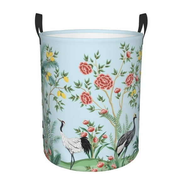 Balery Chinoiserie Floral Palm Tree Cesta de ropa redonda con asas, impermeable, independiente, para ropa, juguetes, dormitorio y familia-Small