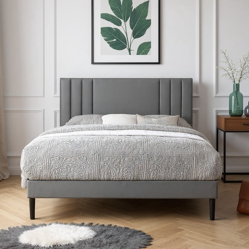 AENKYO King Size Platform Bed Frame with Leather Upholstered Headboard, Gray