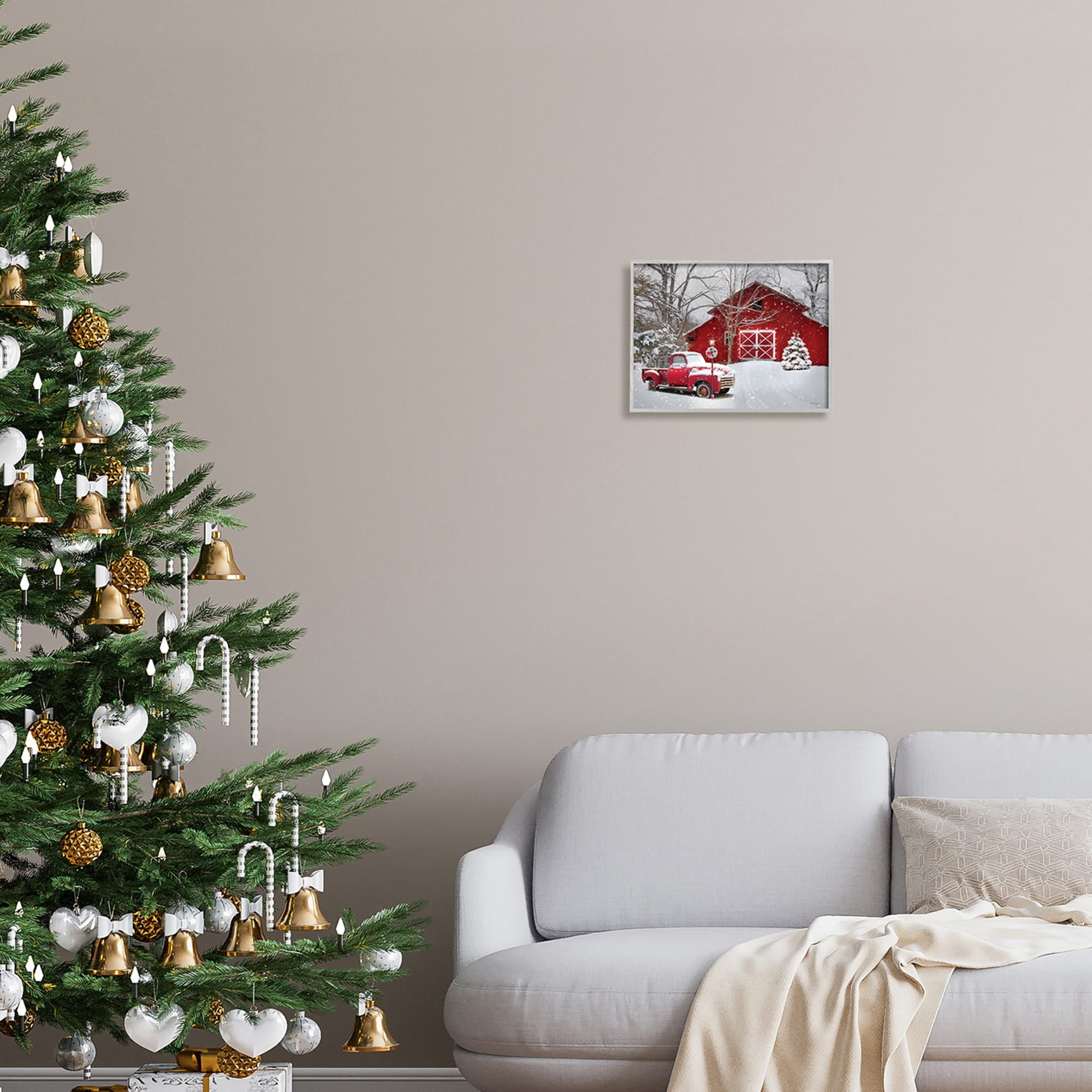 Red Barn & Truck Powdery Snow Rural Scenery Transportation Painting Framed Art Print Wall Art
