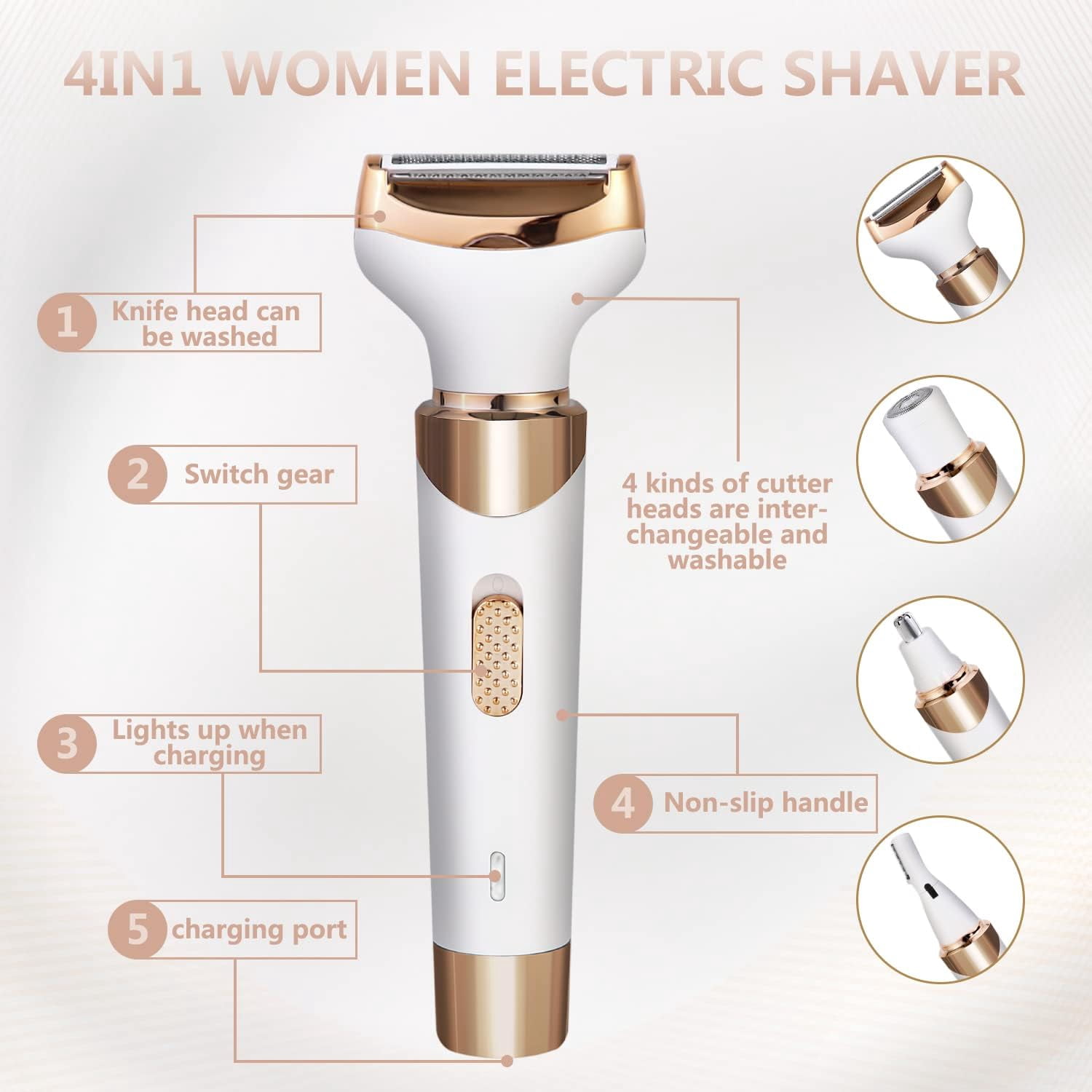 Electric Razor for Women Bikini Trimmer, MKIOVH Women's Cordless Portable 4 in 1 Painless Shaver, ​for face Legs Brows Nose Detachable Head USB Rechargeable Hair Trimmer