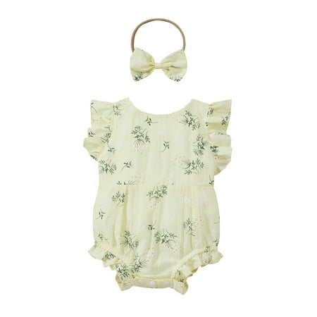 

Binpure Baby Girl’s Floral Ruffles Stitching Fly Sleeve Romper and Headband