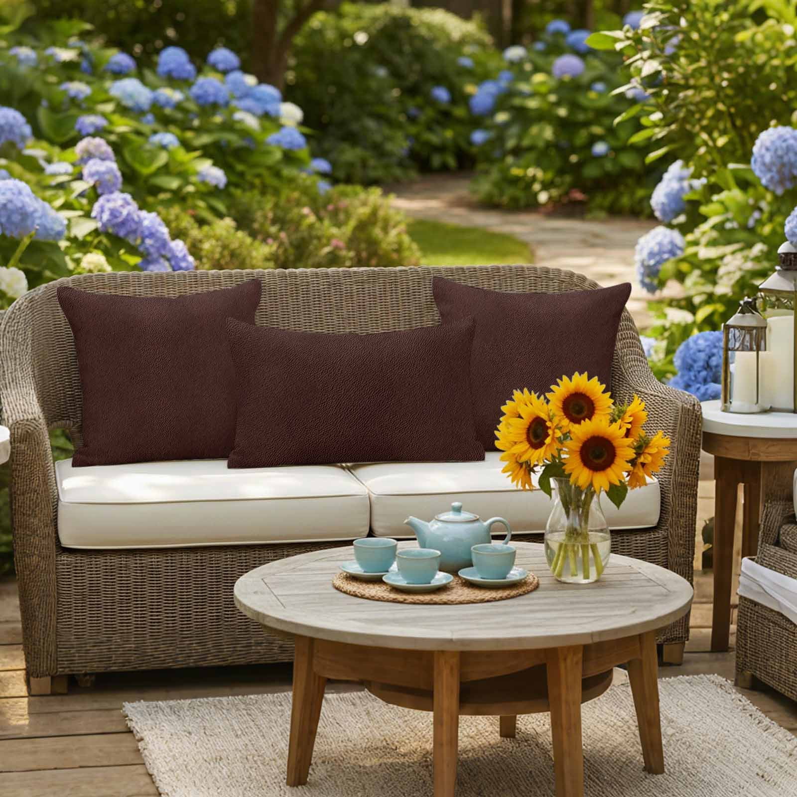 Solid Brown Outdoor Pillow Covers 16x16 Inch Throw Pillow Covers Set of 2 Waterproof Decorative Pillow Cases Vintage Minimalism Abstract Denim Pattern Cushion Covers for Patio Furniture Garden Couch