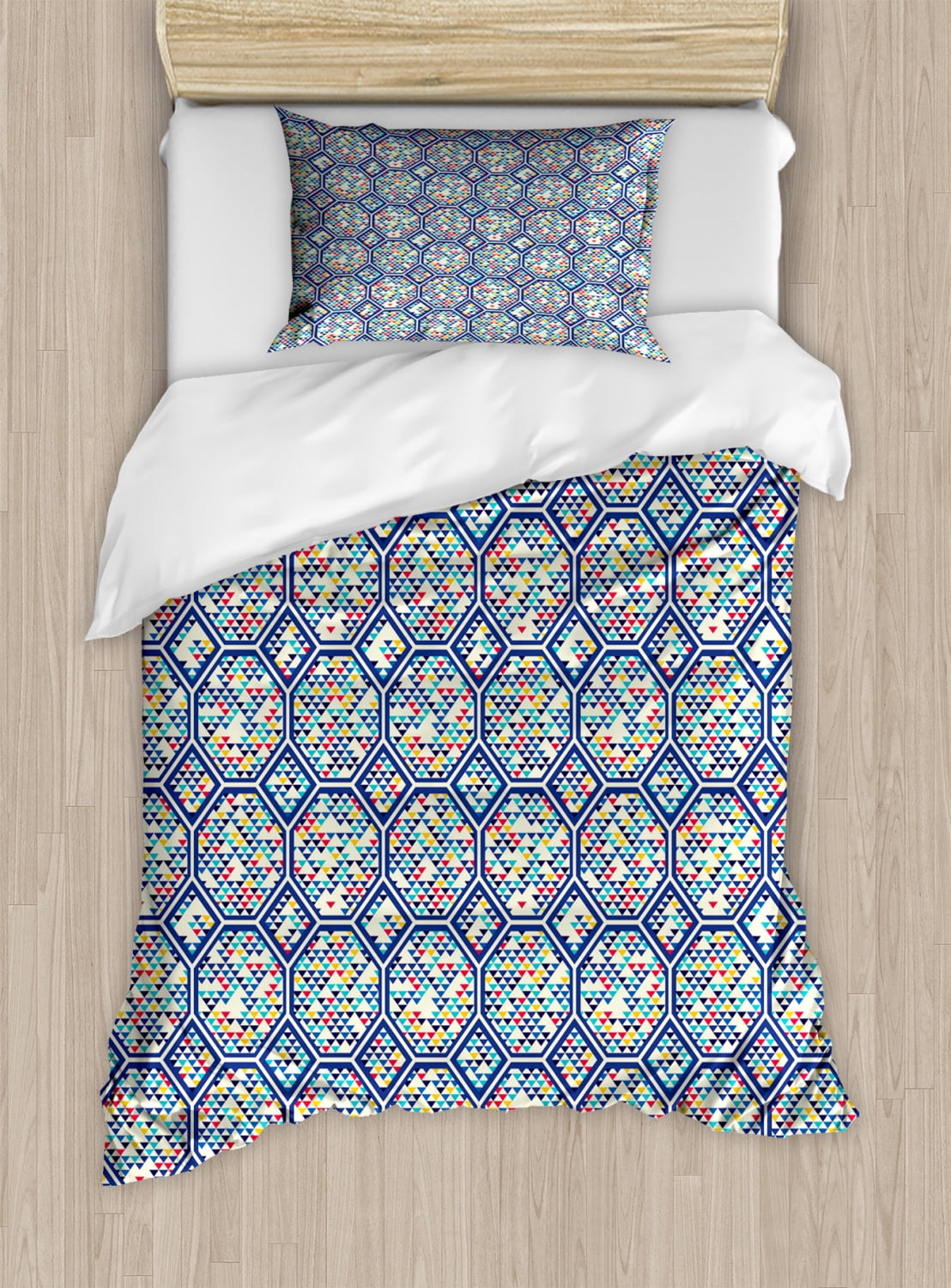Geometric Twin Size Duvet Cover Set, Abstract Pattern of Triangles and