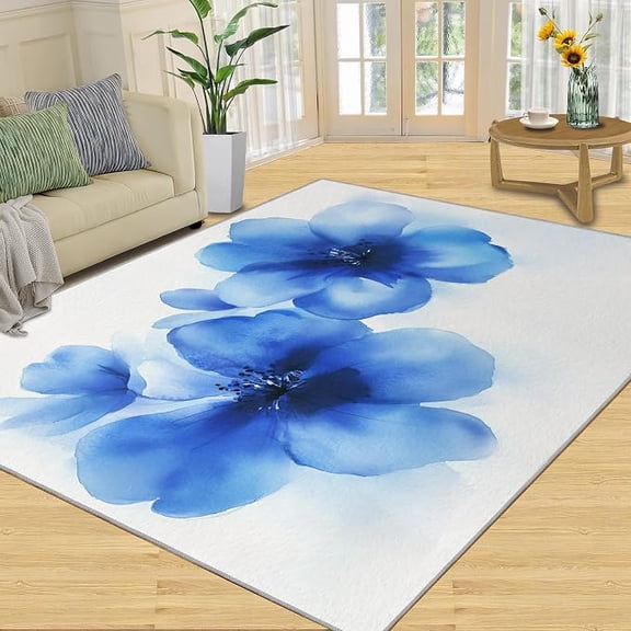 Blue Floral Rugs for Living Room, Nordic Floral Rugs for Bedroom, Watercolor Blue Area Rug, Indoor Carpet, Non Slip & Low-Pile, Washable Rug & Home Decor 5 x 6ft